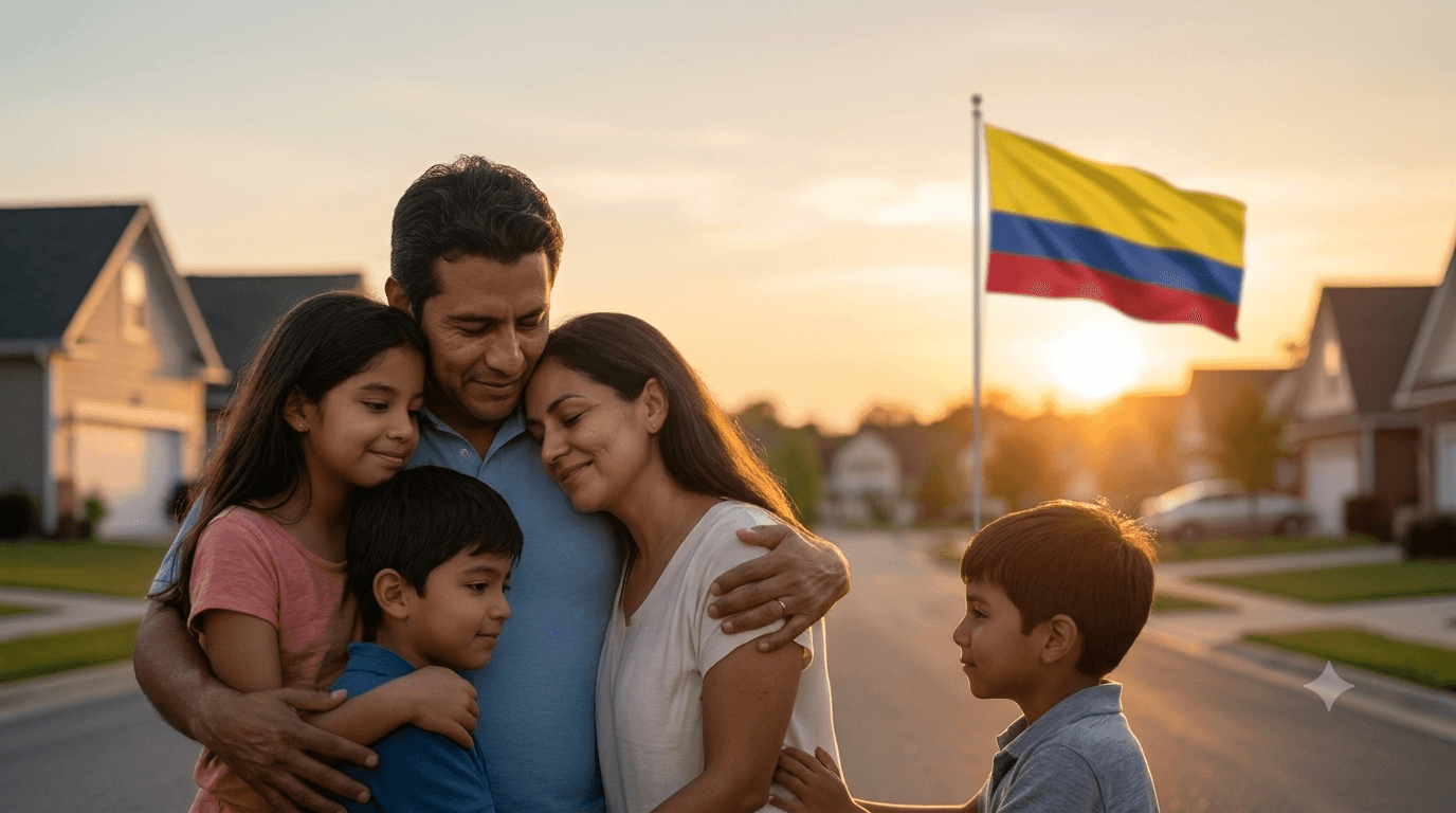 Familia colombiana unida en el exterior, al atardecer, con la bandera de Colombia